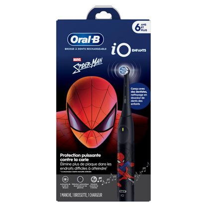 Oral-B iO Kids Rechargeable Electric Powered Toothbrush, Spiderman with 1 Gentle Care Brush Head - Automatic Pressure Sensor to Protect Gums - 3 Cleaning Settings - 2 Min Music Timer - 28 Day Battery Life