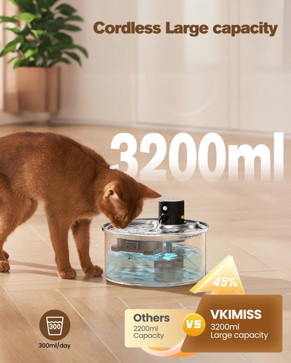 VKIMISS Wireless Cat Water Fountain: 108oz/3.2L Automatic Pet Water Dispenser - Battery Operated, Motion Sensor, Suitable for Multiple Cats and Dogs