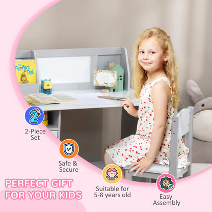 Qaba Kids Desk and Chair Set with Whiteboard, 2 Pieces Kids Study Table and Chair Set, Multi-Usage School Desk Furniture with Storage and Shelves, Computer Homework Art, Grey