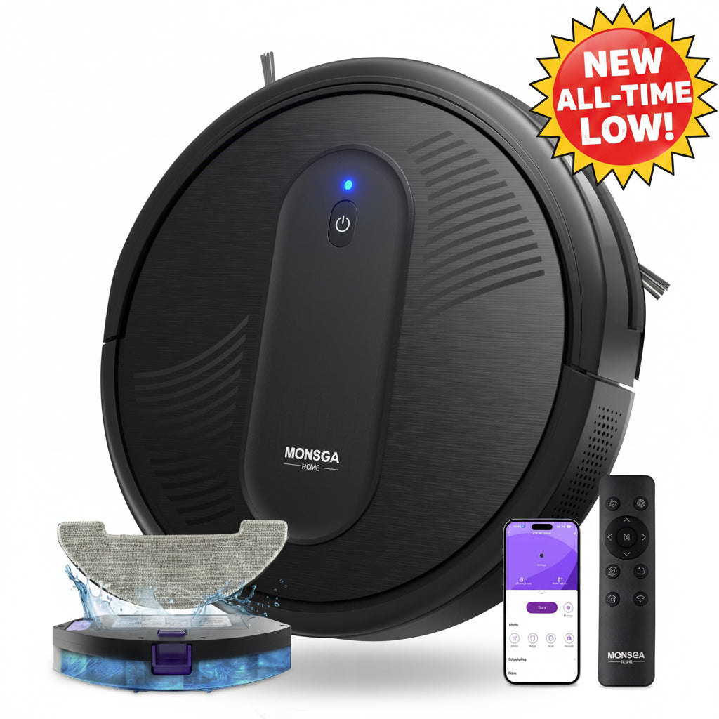 MONSGA Robot Vacuums and mop, 4000Pa Powerful Suction with Self-Charging, 140Mins Runtime, RemoteApp/Voice Control, Ideal for Pet Hair, Hard Floor, Low Pile Carpet (Black)