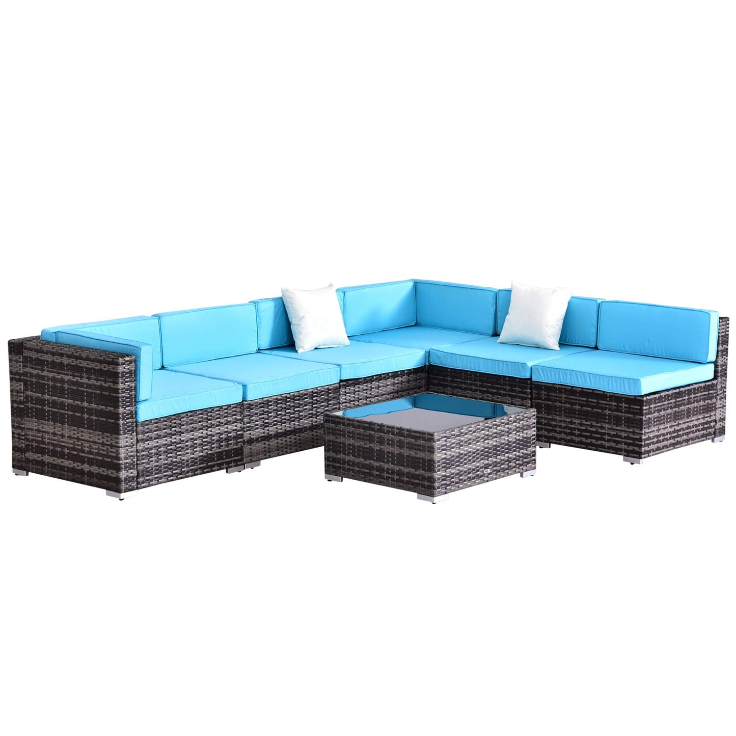 Outsunny 7 Piece Patio Furniture Set, PE Rattan Outdoor Conversation Set with Sectional Sofa, Glass Tabletop, Cushions and Pillows for Garden, Lawn, Deck, Mixed Grey and Sky Blue