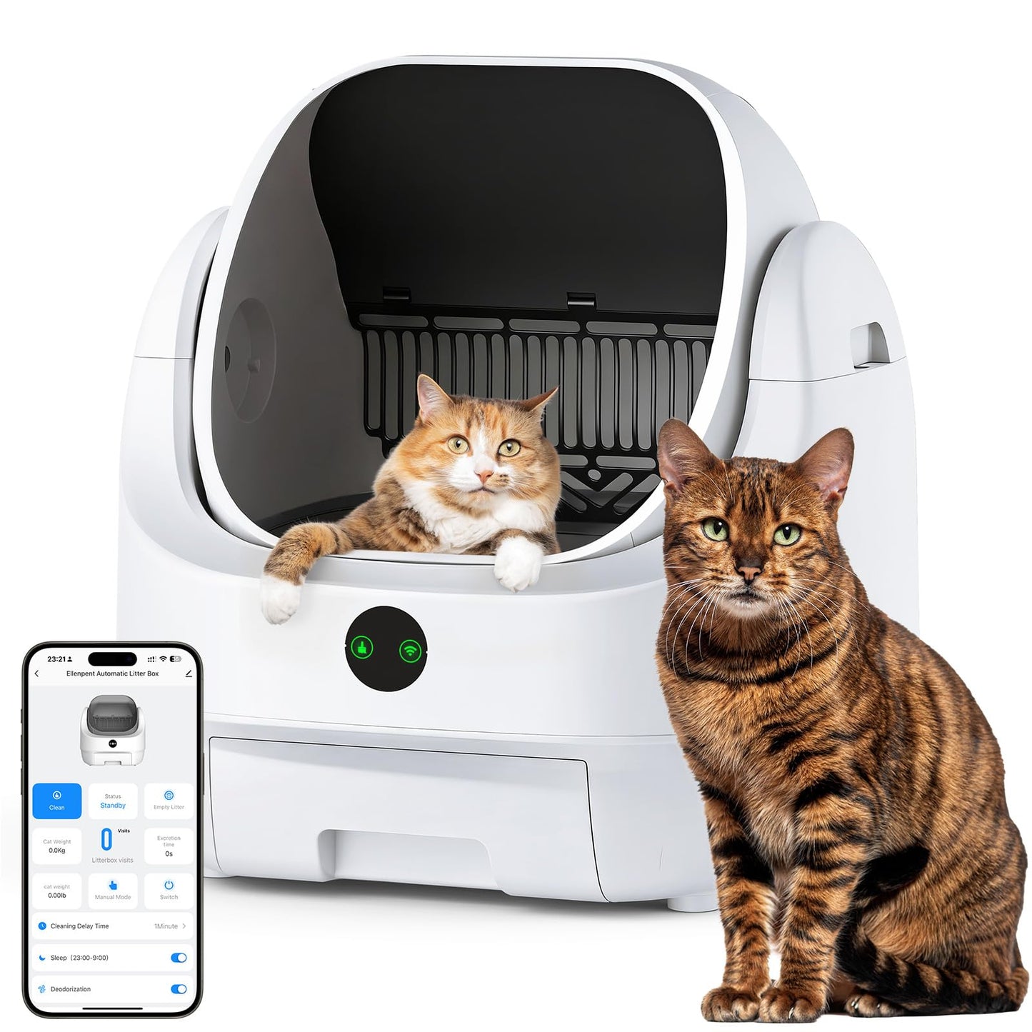 Automatic Cat Litter Box Self-Cleaning Open Top, Ellenpent [Odor-Free] Litiere Pour Chat Autonettoyant, Electric Cat Litter Box with APP Control, for Single and Multi-Cat Households