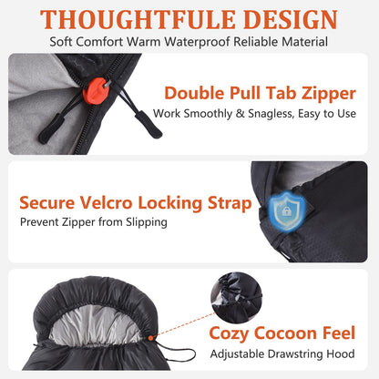 SWTMERRY Sleeping Bag for Adults, Cold Weather & Warm Plush Fleece-Lined Interior - Portable Waterproof Windproof with Compression Sack for Camping Hiking Traveling Indoor & Outdoor