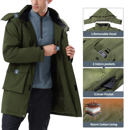 CAMELSPORTS Mens Winter Coats Long Warm Jacket with Hood Casual Quilted Puffer Parka Windproof Jackets, 601-green, Large