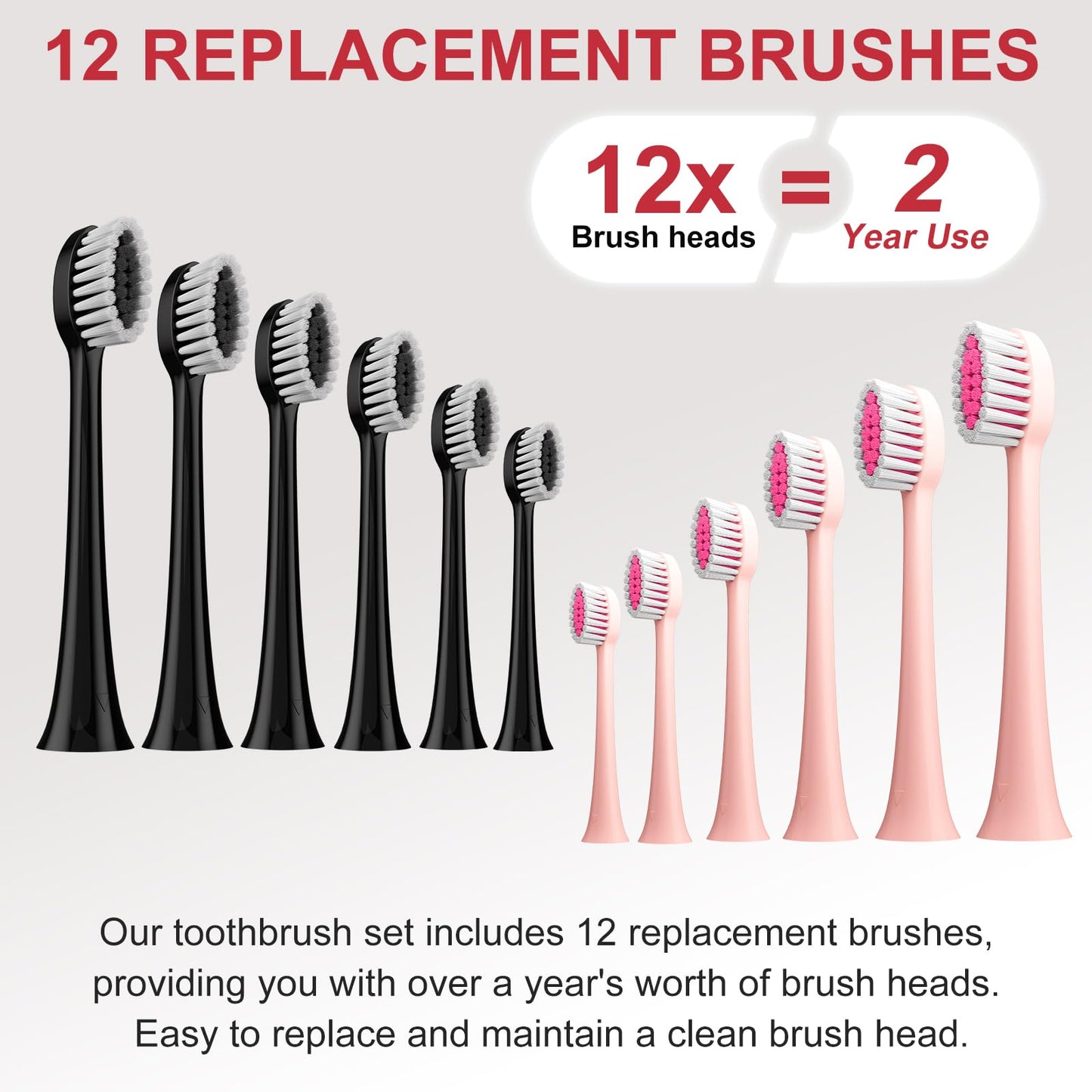 MAXWISDOM Electric Toothbrush 2 Pack - Electric Toothbrush for Adults with 12 Replacement Brush Heads, 2 Toothbrush Holders, 6 Modes (Black & Pink)