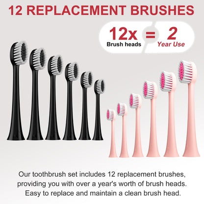 MAXWISDOM Electric Toothbrush 2 Pack - Electric Toothbrush for Adults with 12 Replacement Brush Heads, 2 Toothbrush Holders, 6 Modes (Black & Pink)