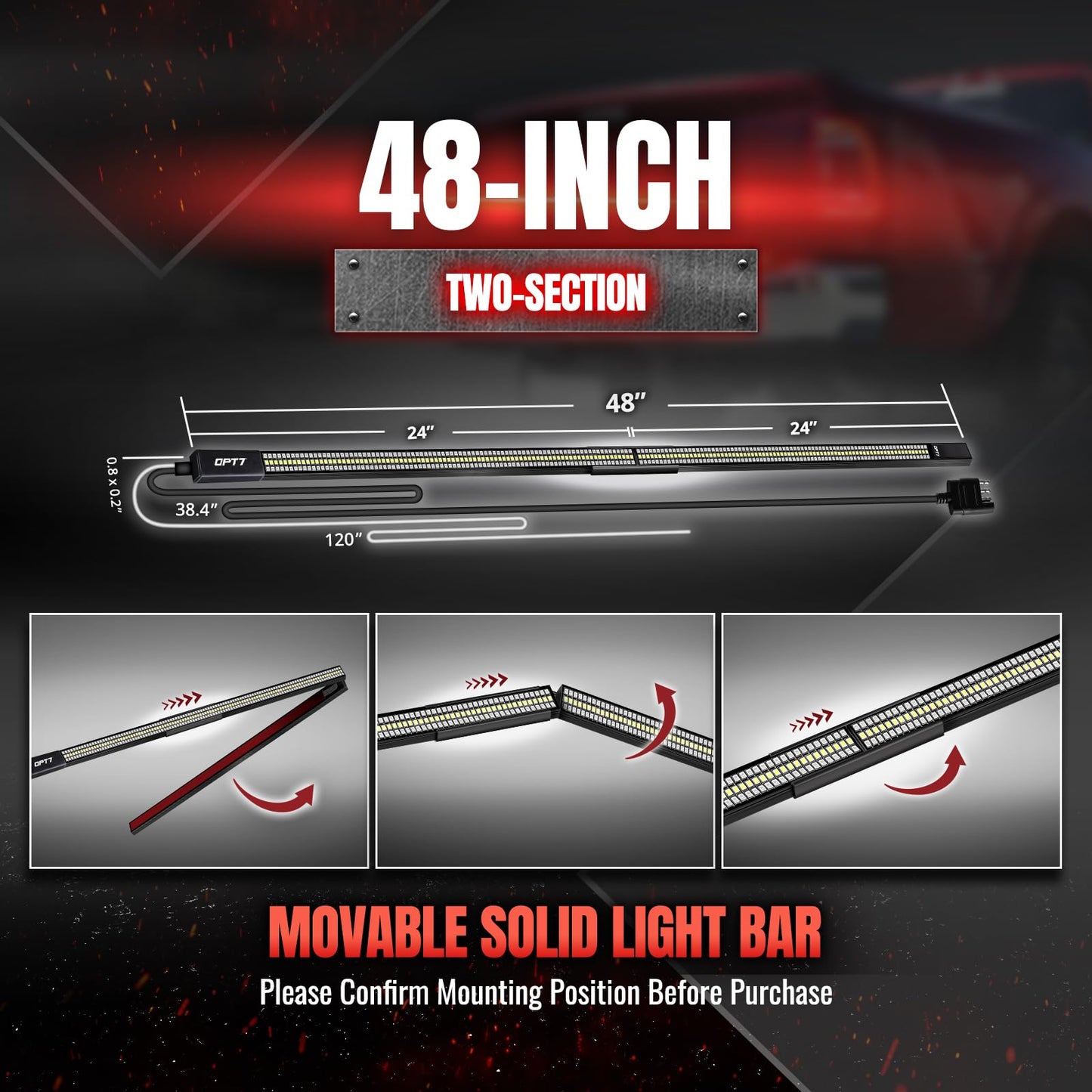 OPT7 48'' Redline Triple Row LED Tailgate Light Bar w/Sequential Red Turn Signal - Weatherproof Rigid Aluminum Frame Light Strip for Maverick Colorado - Full Function Reverse Brake Running