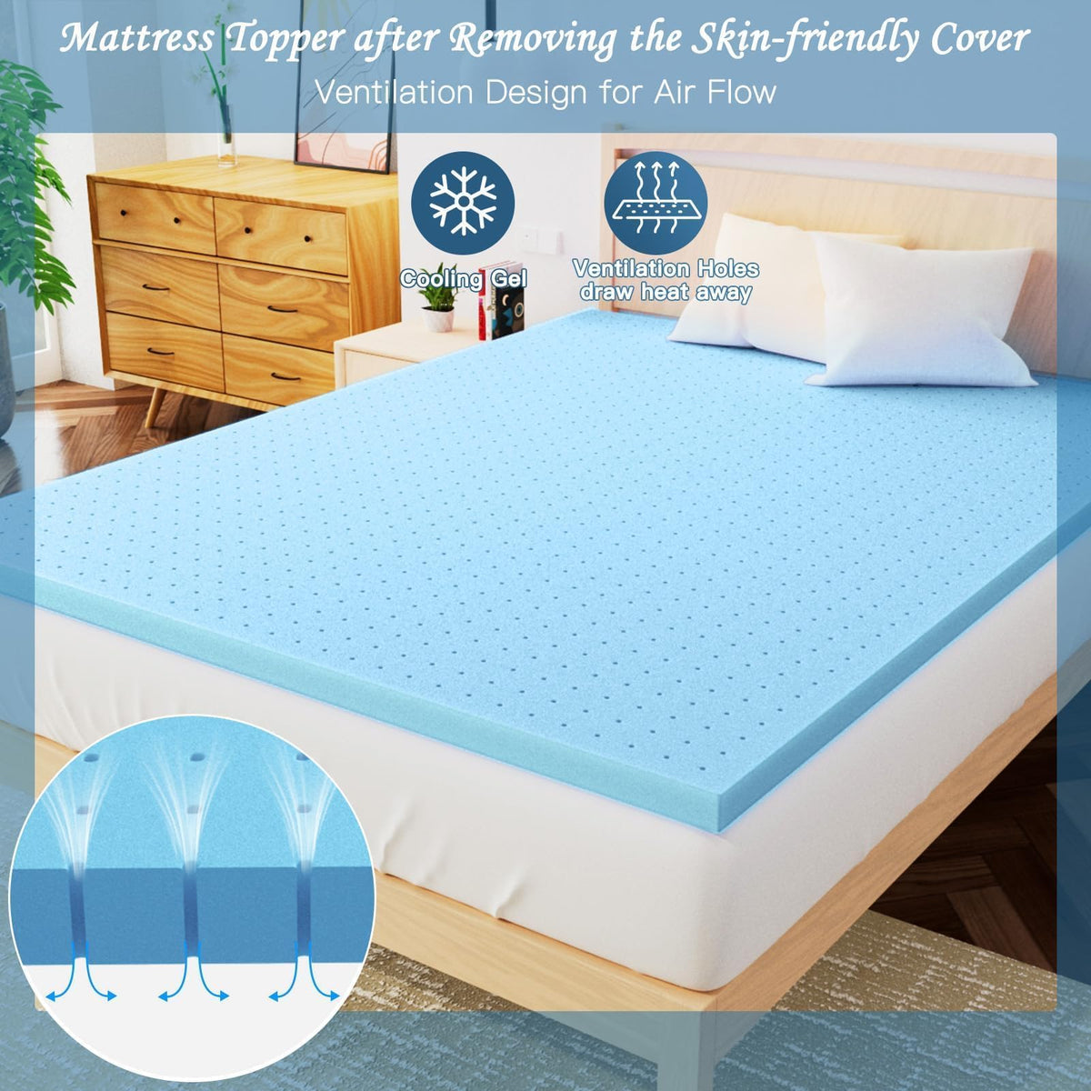 Airensky 2 Inch Memory Foam Mattress Topper, Cooling Gel Infused High Density Full (45"x75") Topper with Removable Skin-Friendly Cover, Bed Topper for Pressure Relief Back Pain, CertiPUR-US Certified