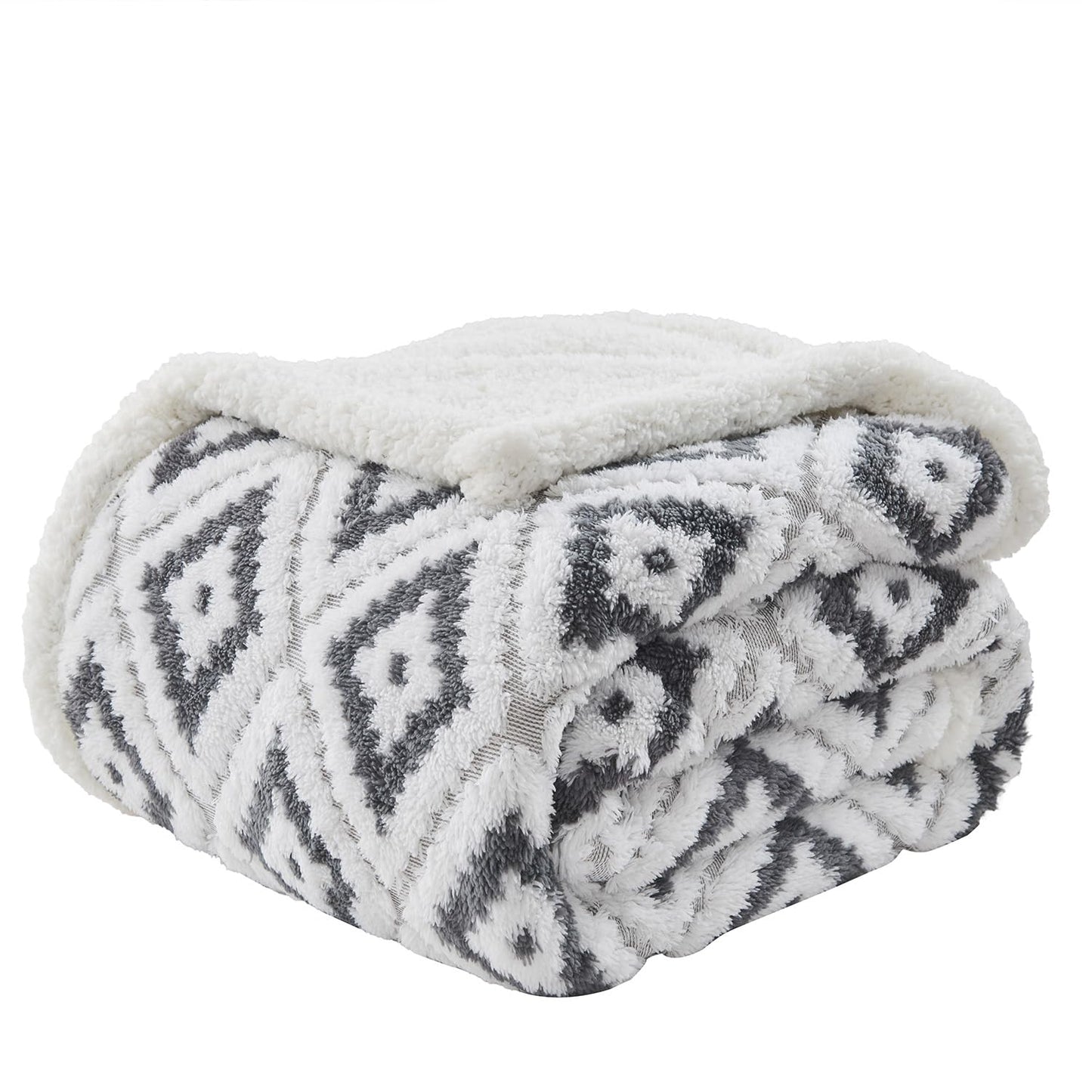 Lotus Karen Sherpa Throw Blankets for Couch Thick and Warm Blanket for Winter Soft Fuzzy Cozy Fluffy Blanket for Sofa Diamond Jacquard Grey 50"x60"