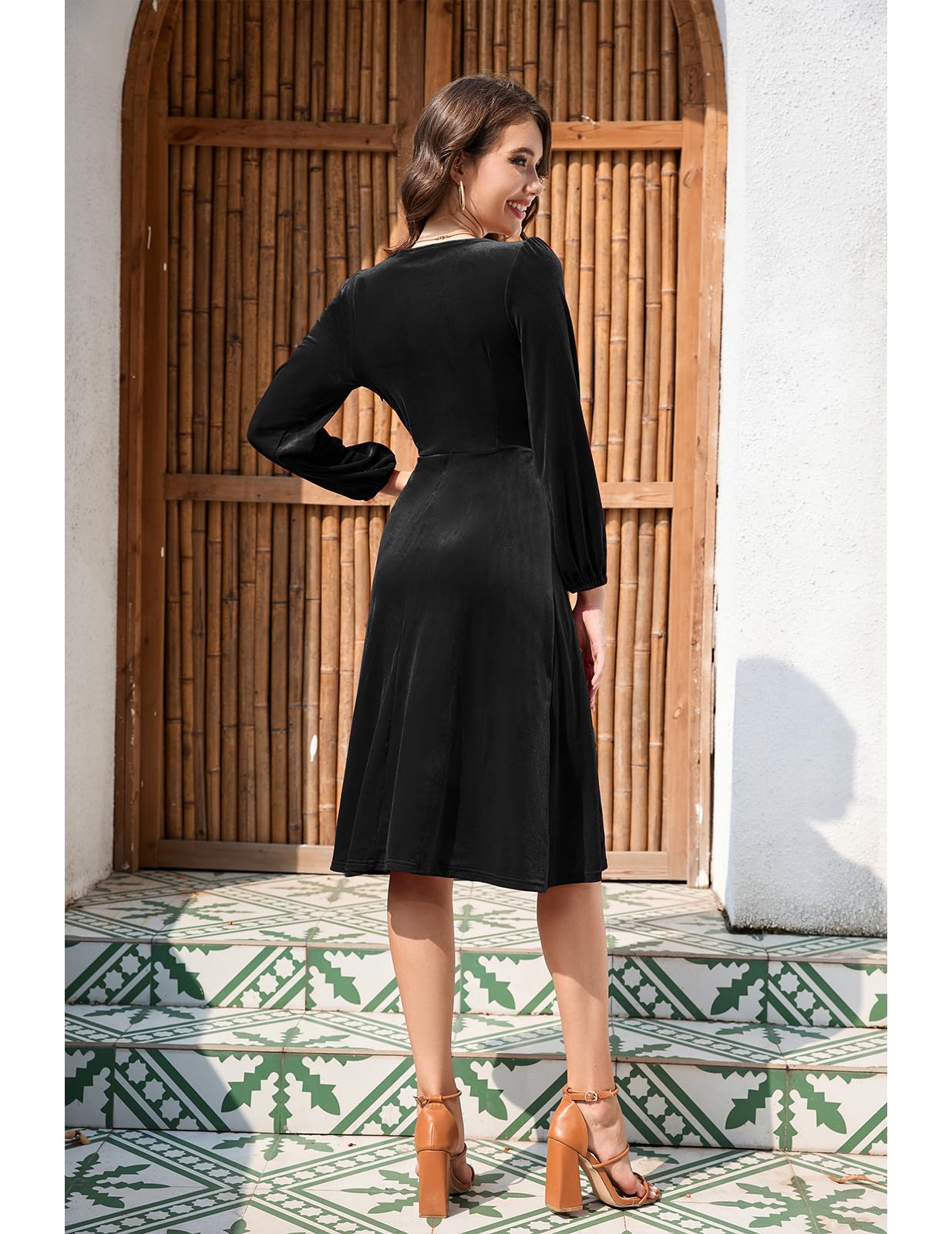 Meetjen Women's Long Sleeve V Neck Asymmetrical Hem Velvet Dress Flowy 2024 Fall Wedding Guest Dresses Black M
