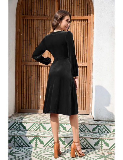 Meetjen Women's Long Sleeve V Neck Asymmetrical Hem Velvet Dress Flowy 2024 Fall Wedding Guest Dresses Black M