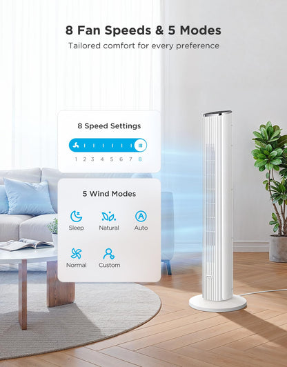 GoveeLife White Tower Fan for Bedroom, 36" Smart Floor Fan with App/Voice Control, Temperature Sensor, 5 Modes 8 Speeds(25ft/s), 29dB Quiet Oscillating Fan for Office, 24H Timer, Auto Cooling