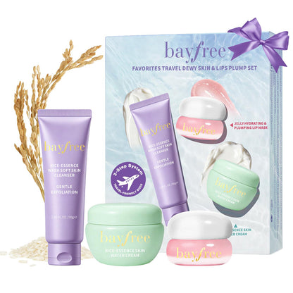bayfree Favorites Travel Dewy Skin & Lips Plump Set, Hydrating Korean Skin Care Set with Rice-Essence Wash, Water Cream & Lip Mask, Gentle Skincare Gift Set for Girls Women, for Soft, Glowing Skin