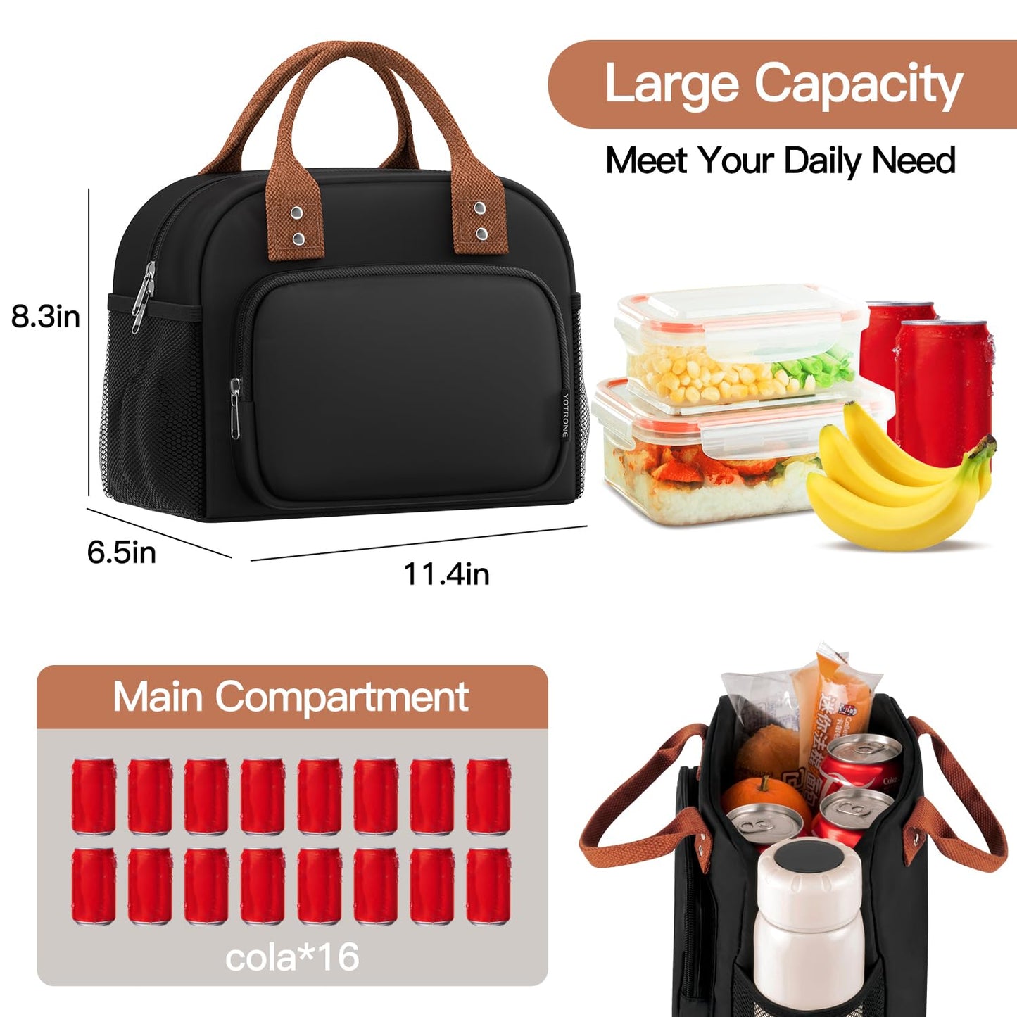 Yotrone Lunch Bag Women, Insulated Lunch Box Lunch Bag for Women Men Adult Work, Cute Lunch Tote Bag Large Capacity Reusable Cooler Containers for Travel Picnic or Office (Black)