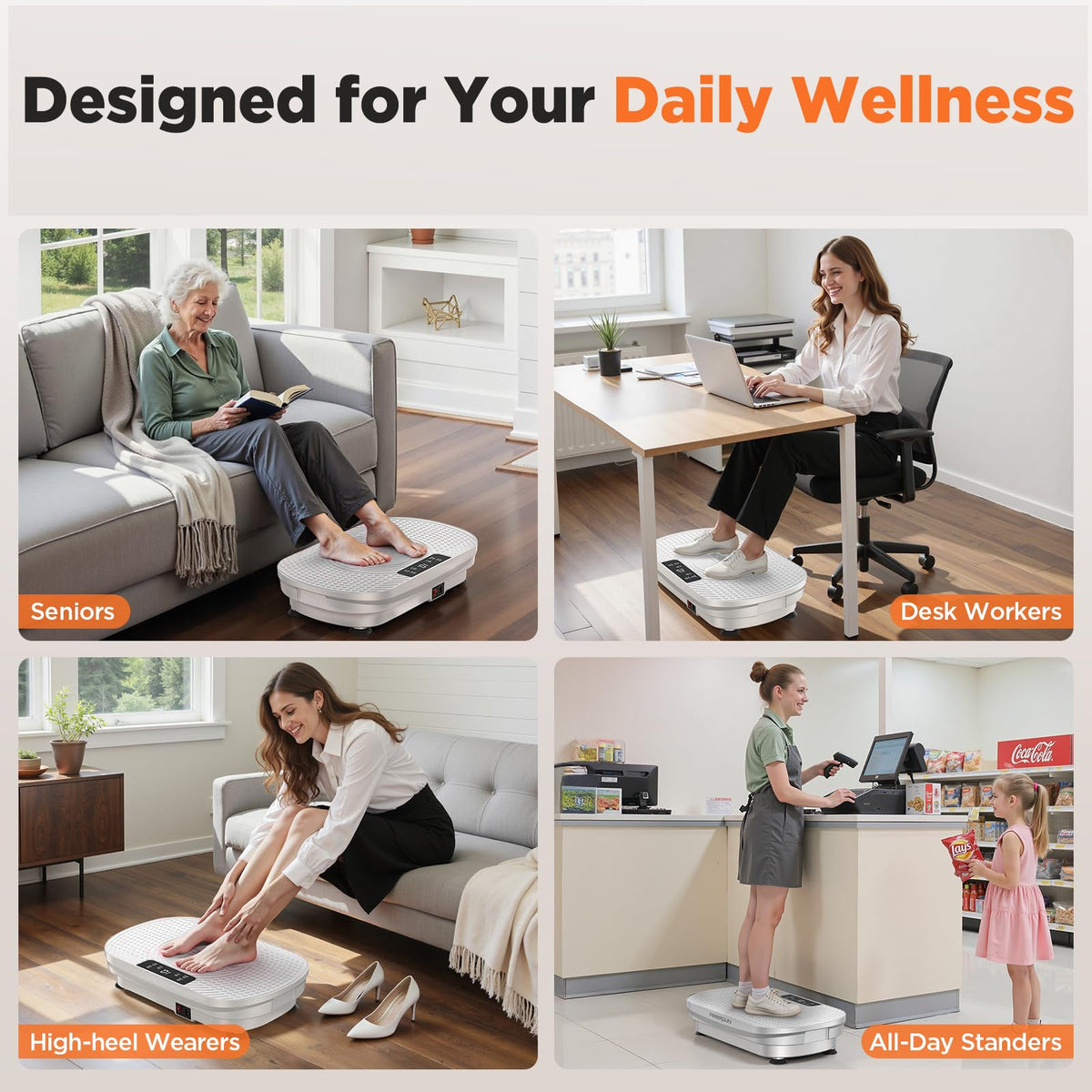 FEIERDUN Vibration Plate Exercise Machine, Full Body Vibrating Plate with Wider Platform, 150kg (330lbs) Capacity, Plaque Vibrante with LED Screen, Remote & Resistance Bands,White