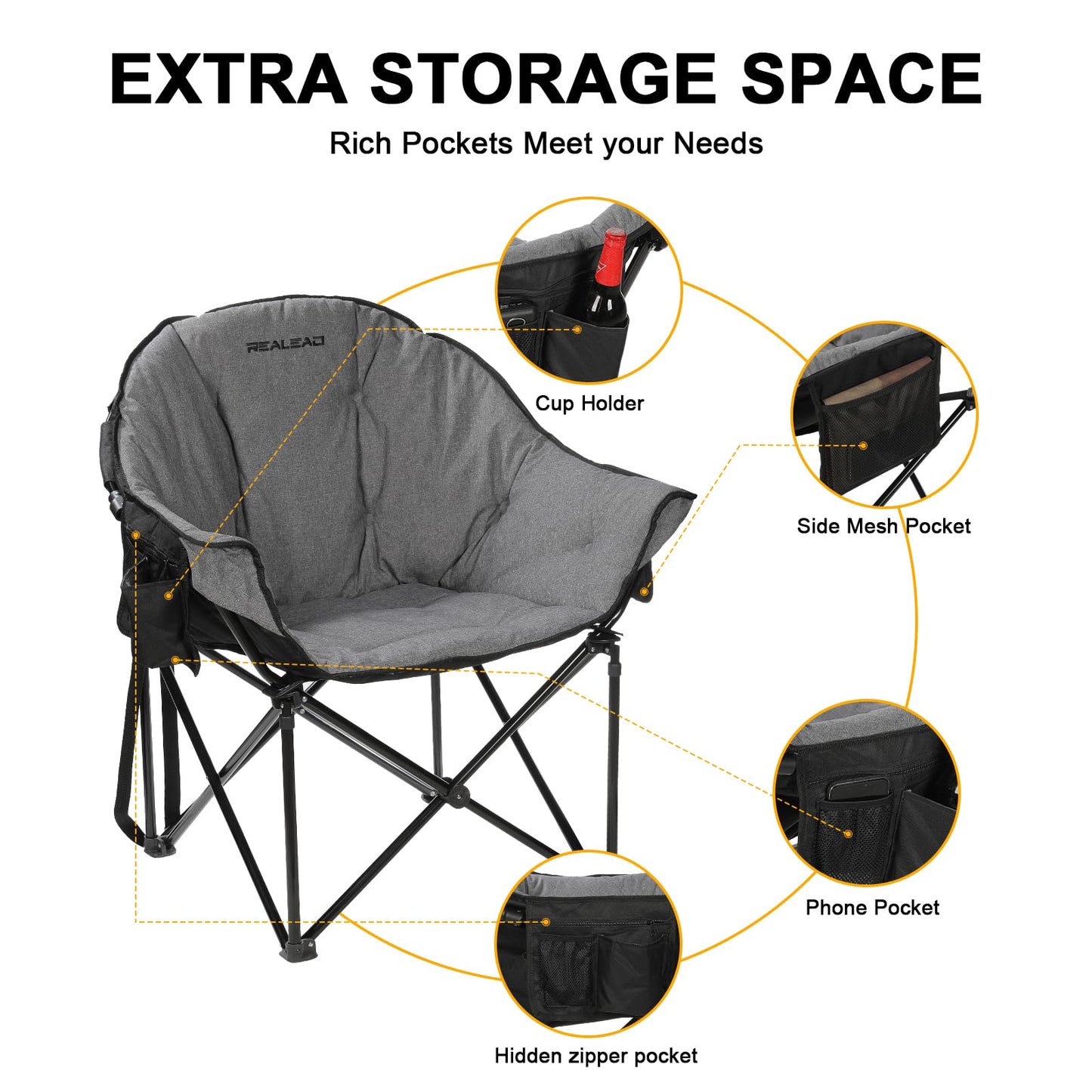 REALEAD Camping Chairs for Adults - Comfy Camping Chair with Fully Padded - Oversized Camp Chairs for Outside Support 400lbs - Folding Lawn Chairs for Outdoor Sporting Events