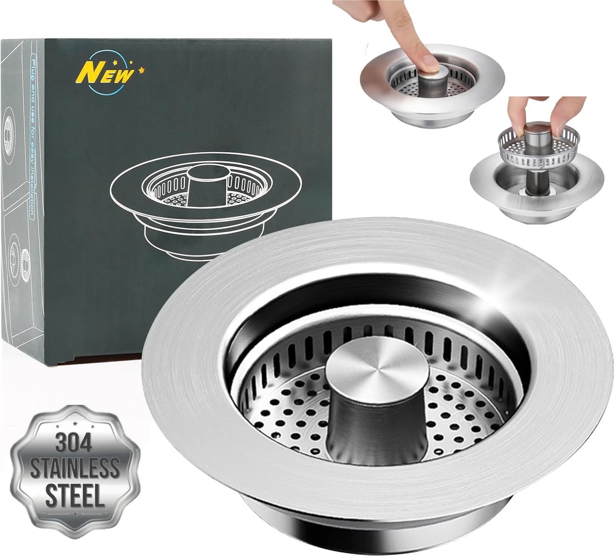3-in-1 Stainless Steel Kitchen Sink Strainer Stopper – Upgraded Drain Filter Plug with Anti-Clog Food Basket & Quick Drain Odor Blocker for Standard 3.5 Inch Sinks, Silver