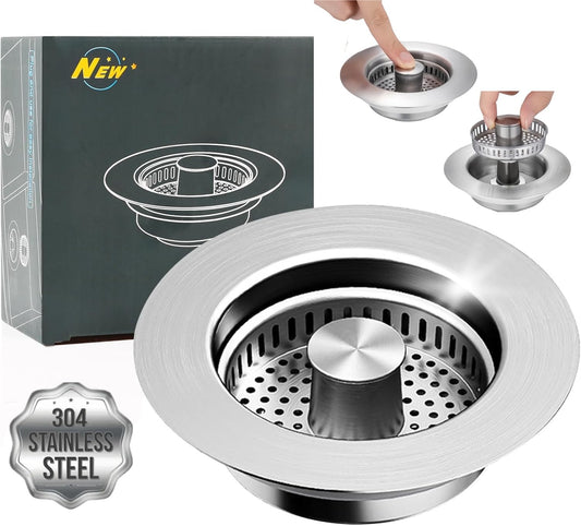 3-in-1 Stainless Steel Kitchen Sink Strainer Stopper – Upgraded Drain Filter Plug with Anti-Clog Food Basket & Quick Drain Odor Blocker for Standard 3.5 Inch Sinks, Silver
