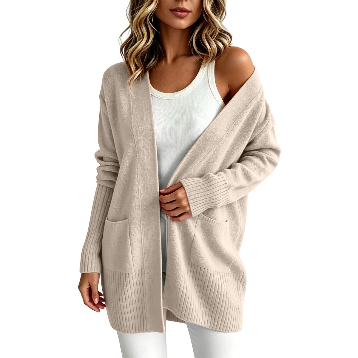 Womens Cardigan with Pockets Cozy Open Front Cardigan Sweaters Beige