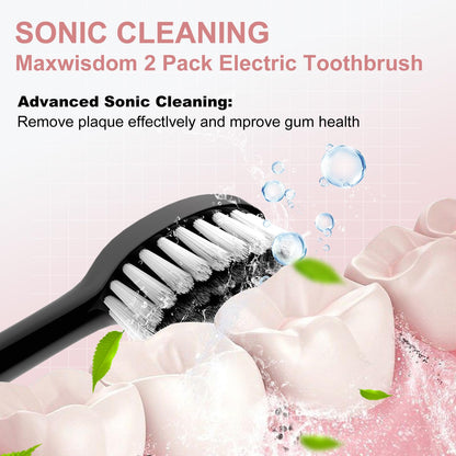 MAXWISDOM Electric Toothbrush 2 Pack - Electric Toothbrush for Adults with 12 Replacement Brush Heads, 2 Toothbrush Holders, 6 Modes (Black & Pink)