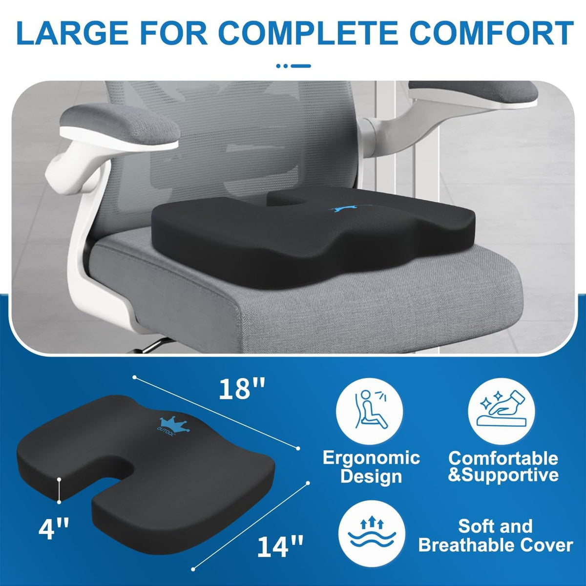 QUTOOL Seat Cushion for Office Chair, High-Density Memory Foam Chair Cushion for Long Hours of Sitting, U-Shaped Seat Pad with Non-Slip Bottom, Removable Cover for Home, Desk & Gaming Chair