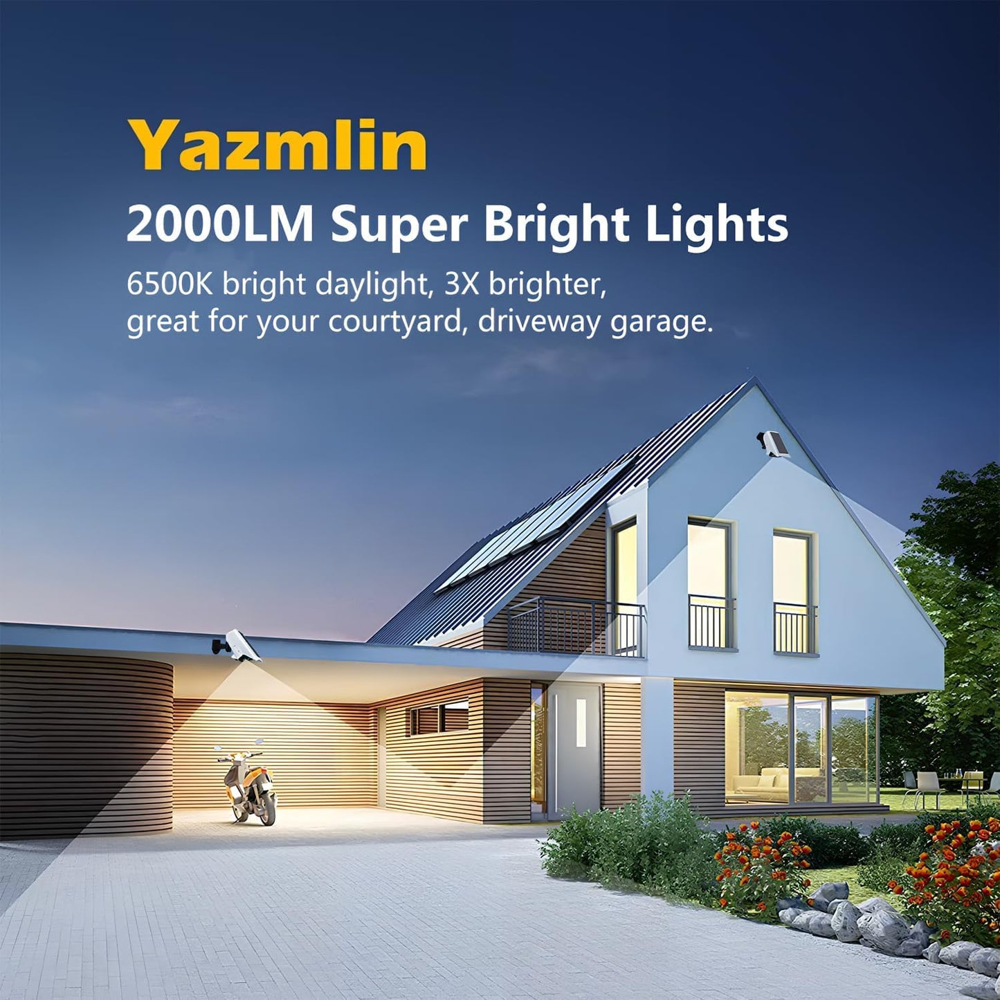 Yazmlin Solar Lights Outdoor,3600mAh Motion Sensor Solar Light with Remote Control,2000LM Bright Light,3 Lighting Modes,120°Lighting Angle,IP65 Waterproof for Outside Garage Yard