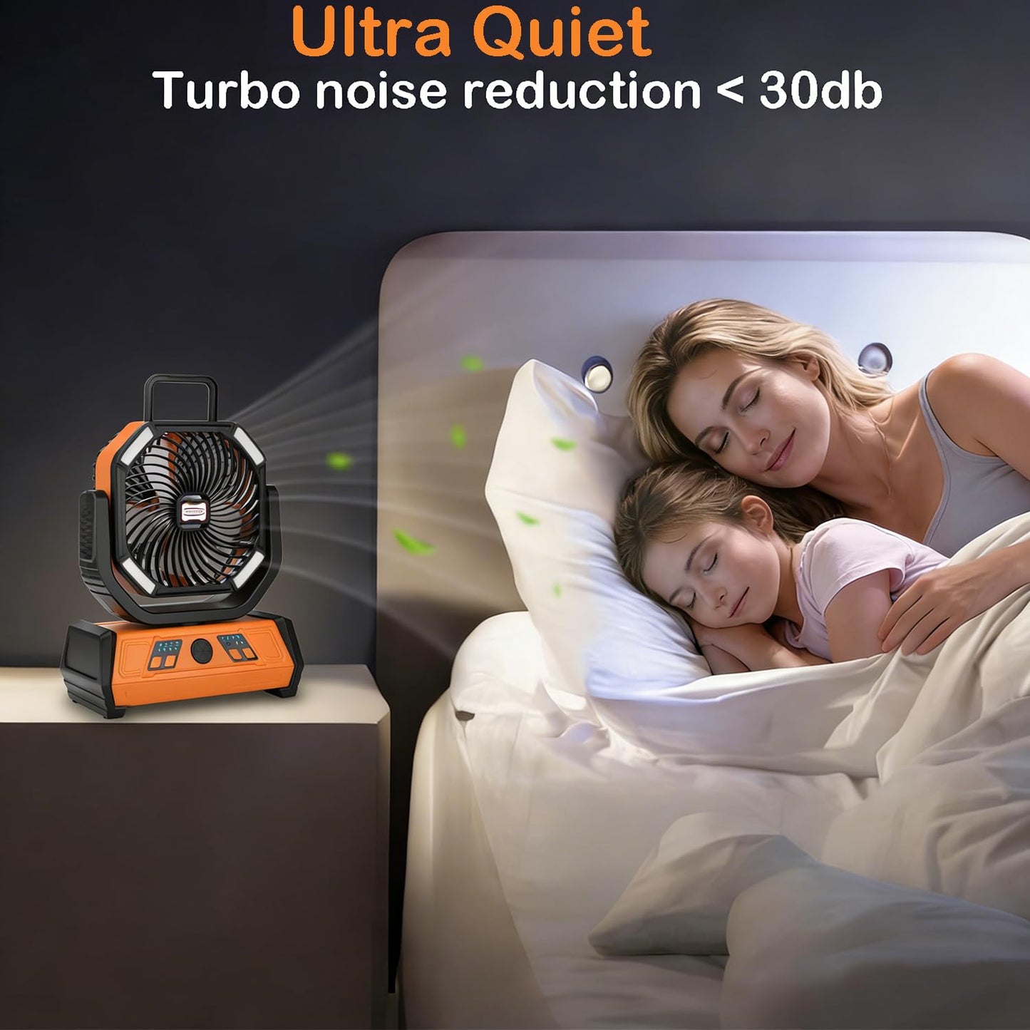 VolyCyrenic Camping Portable Fan, 16000mAh Rechargeable Battery Powered Fans with LED Light for Tent, Auto Oscillation Desk Fans with Remote & Hook & Timer, Orange