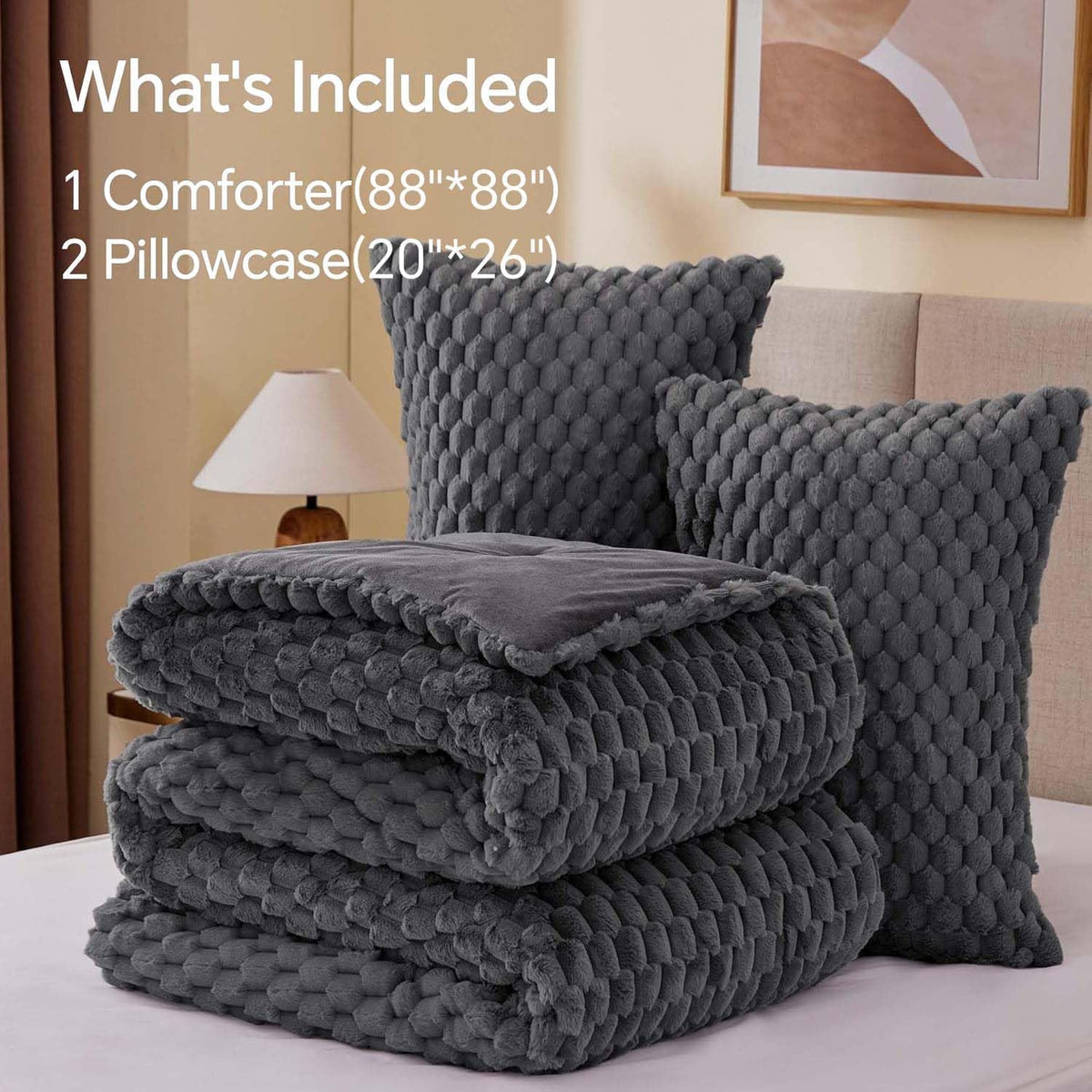 BEDELITE Fluffy Queen Comforter Set, Grey Fleece Bed Set 3 Pieces