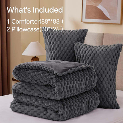 BEDELITE Fluffy Queen Comforter Set, Grey Fleece Bed Set 3 Pieces