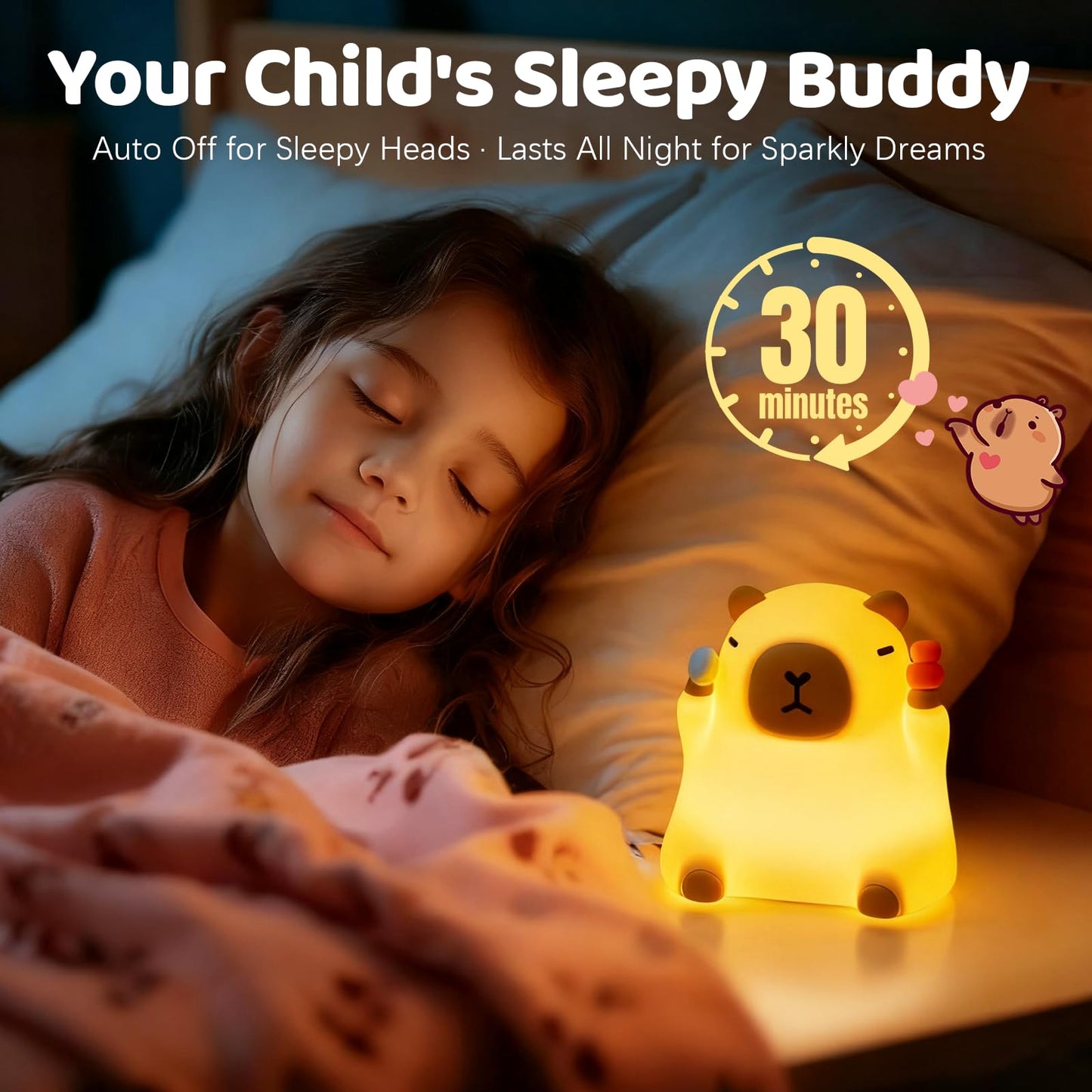 Capybara Night Light Lamp for Kids, Cute Silicone Touch Night Lamp Dimmable LED Nightlight with Timer, Rechargeable Bedside Toddler Light for Bedroom Nursery Decor, Gifts for Baby Boys Girls