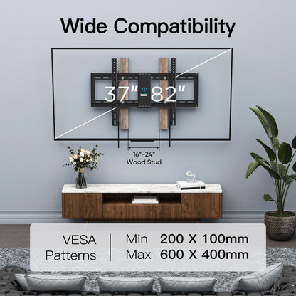 PERLESMITH Tilting TV Wall Mount for 37-82 Inch Flat Curved TVs, Low Profile Tilt TV Mount up to 132 lbs, Wall Mount Bracket Fits 16”/18”/24” Wood Studs, Max VESA 600x400mm, PSLTK1