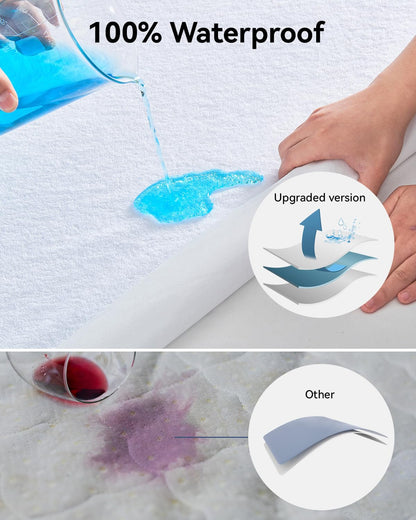 Queen Size Mattress Protector Cooling Waterproof Mattress Pad Cover,Bamboo Terry Top Breathable Fitted Sheet Style Deep Pocket-Noiseless,Vinyl,PVC Free Mattress Protector Queen for Pets Kids Adults