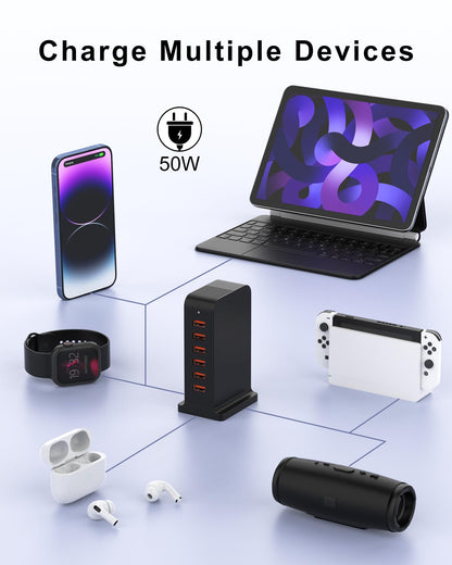 VHBW USB Charging Station, 6-Port 50W Power Centre with 1.8m Cord