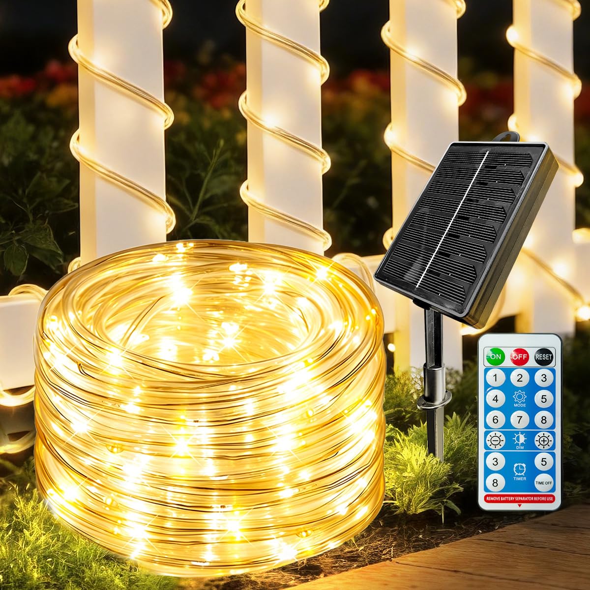 DREAMLAND 66FT Solar Rope Lights, Outdoor String Lights with Remote Control, 200 LED Tube Tree Lights IP65 Waterproof, 8 Lighting Modes Patio Garden Party Wedding Christmas Decorations, Warm White