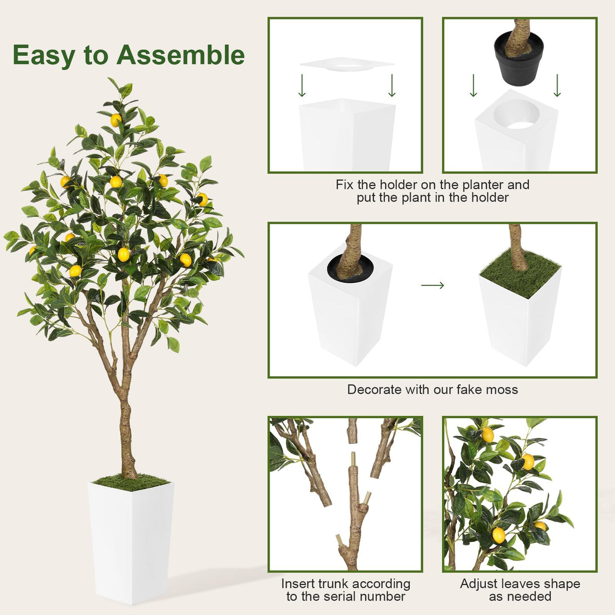 PHYTREE 6FT Artificial Lemon Tree with White Tall Planter & Fruits