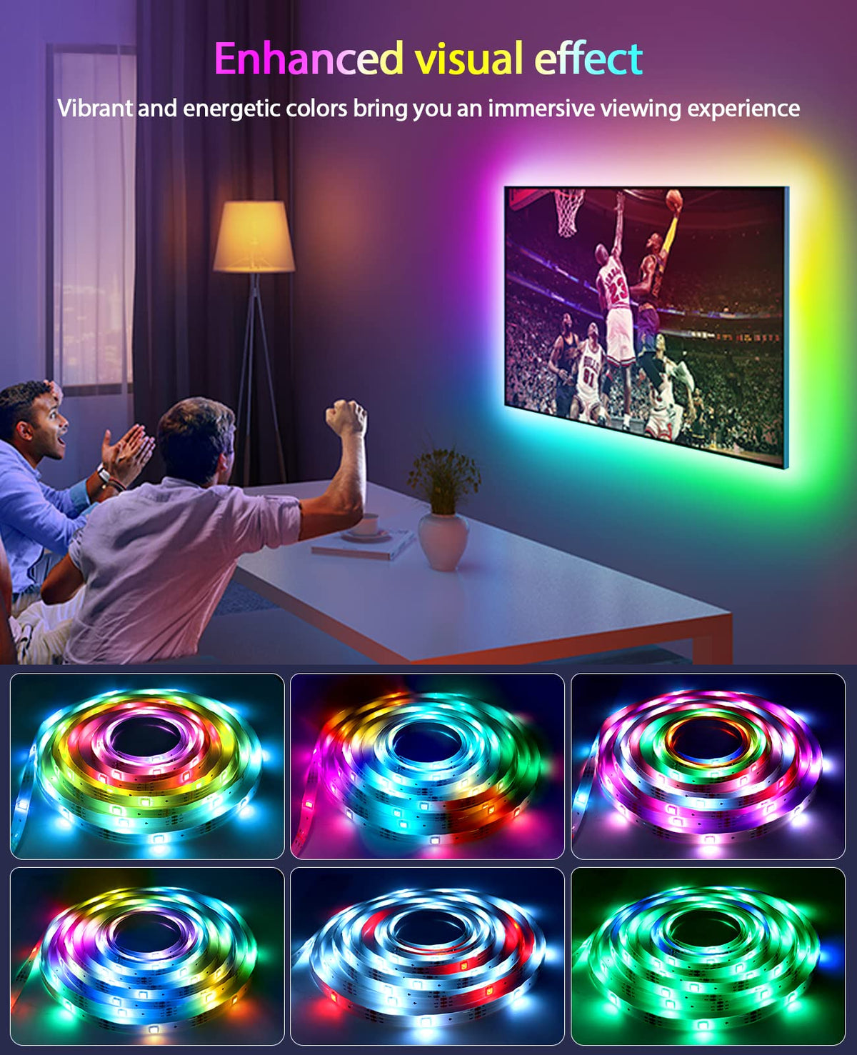 Daymeet RGBIC LED Backlight Strip, 13.1ft for 45-60inch TV/Monitor, USB Powered, Music Sync, Bluetooth App and Remote Control