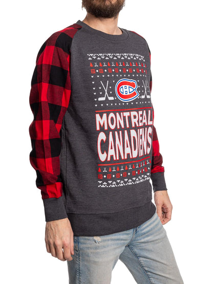 Calhoun NHL Surf & Skate Men's Ugly Christmas Team Logo Buffalo Plaid Raglan Sleeve Lightweight French Terry Sweater (Montreal Canadiens, Medium)