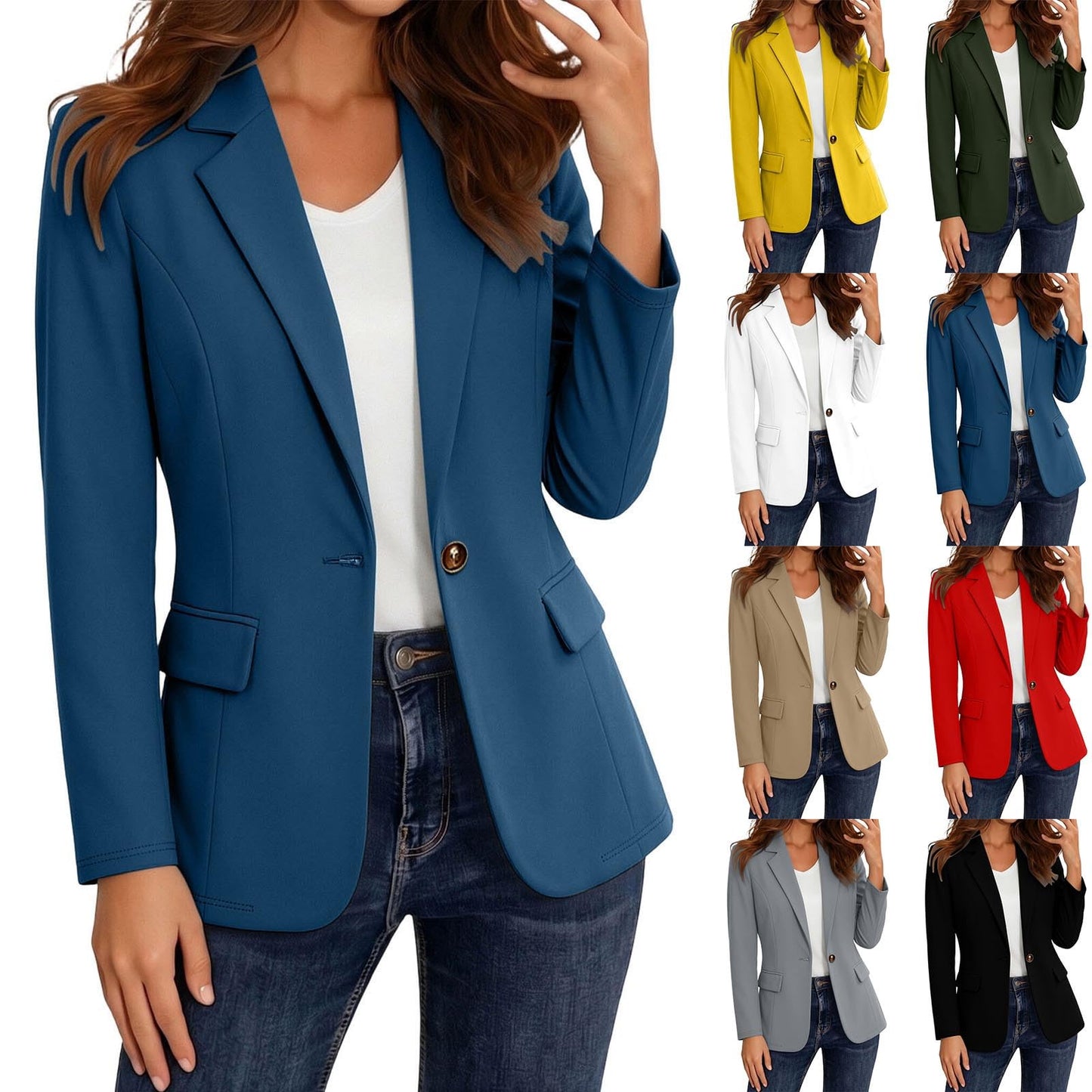Blazers for Women Fashion Business Casual Button Down Cardigan Solid Long Sleeve Lapel Blazer Jacket with Pockets Spring Jacket Women Blue Large