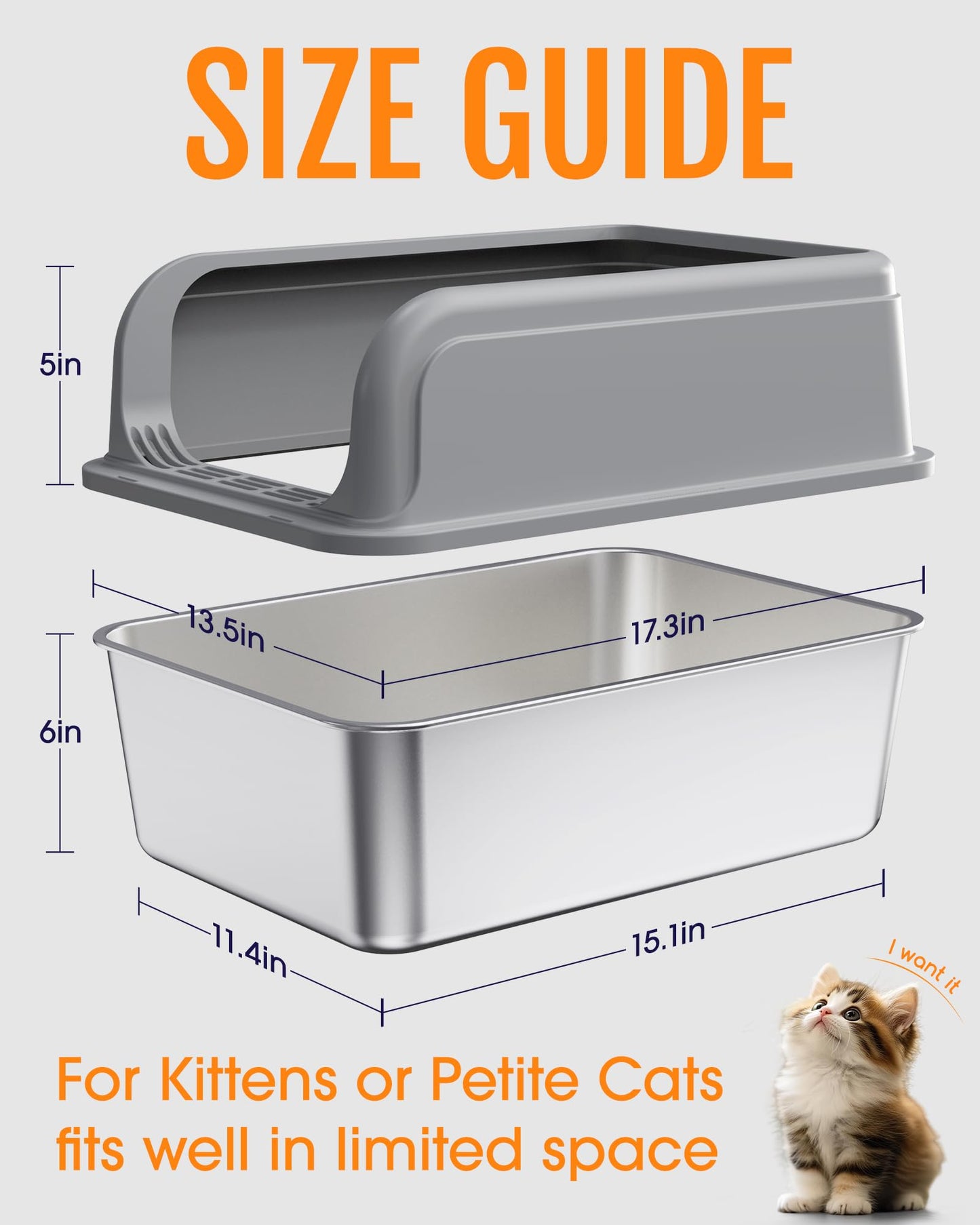 Powools Stainless Steel Cat Litter Box for Kittens, Metal Kitty Litter Box with Scoop, Anti-Leakage Top Entry, Non-Sticky, Easy to Clean, Grey, M (1 Pack)