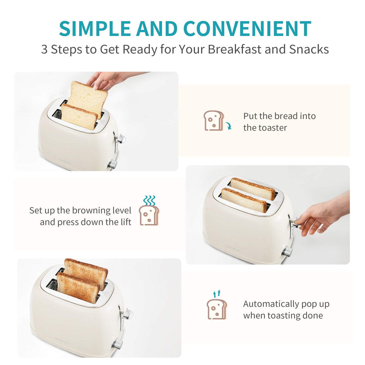 Ultrean Toaster 2 Slice with Extra-Wide Slot, Stainless Steel Toaster with Removable Crumb Tray, Small Toaster with 6 Browning Settings, Cancel, Bagel, Deforest Functions, 825 W (Cream)