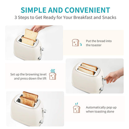 Ultrean Toaster 2 Slice with Extra-Wide Slot, Stainless Steel Toaster with Removable Crumb Tray, Small Toaster with 6 Browning Settings, Cancel, Bagel, Deforest Functions, 825 W (Cream)