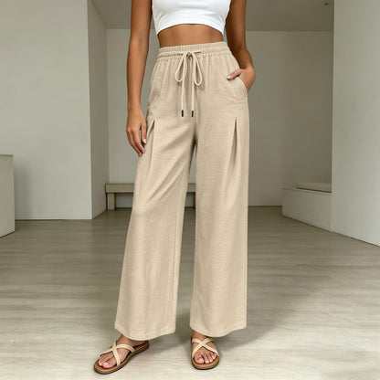 Linen Pants for Women Summer Straight Wide Leg Casual Palazzo Trousers Drawstring Comfy Casual Flowy Beach Outfits Beige