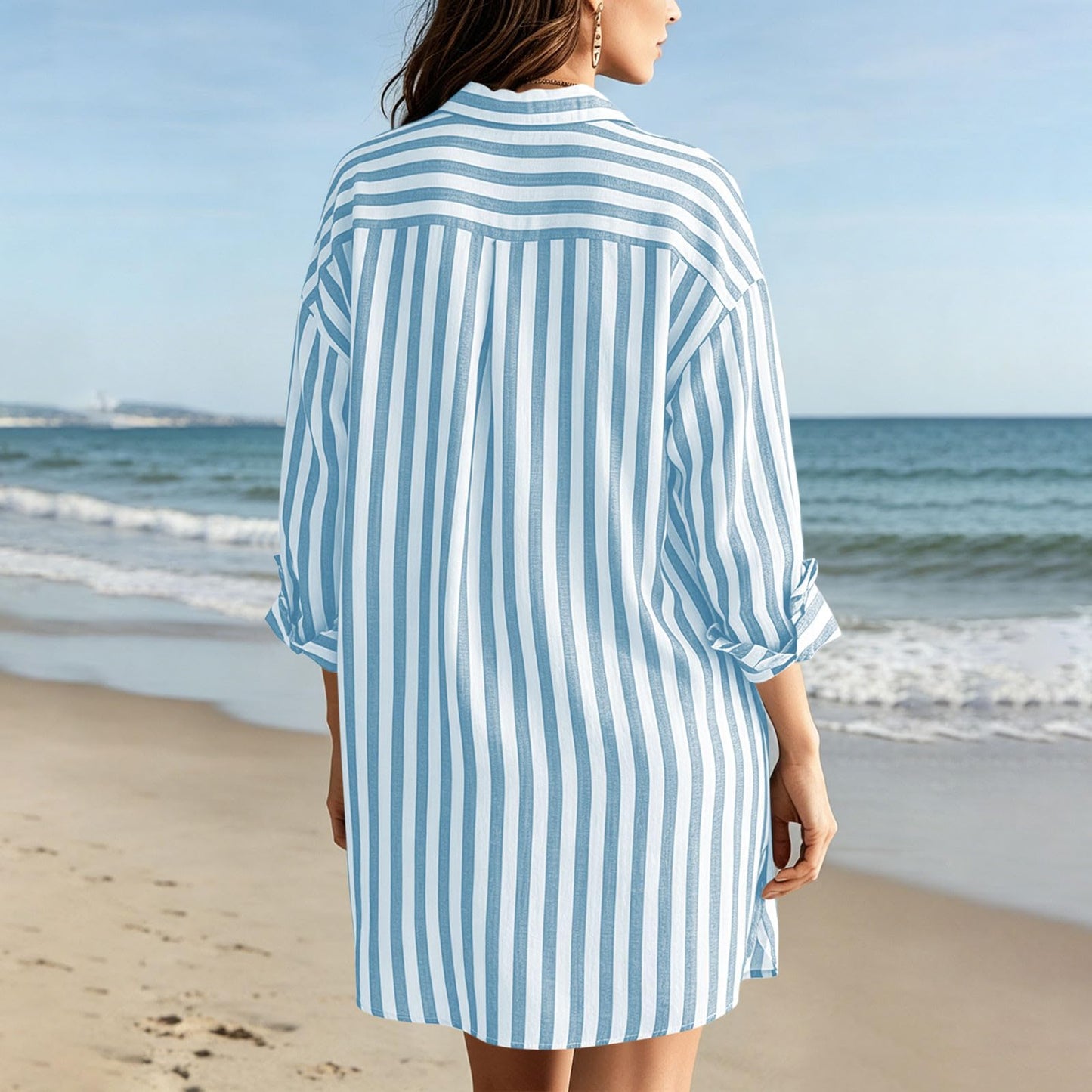 Tshirt Dress Women 2026 Summer Fashion Striped Color Block Mini Dresses V Neck Elegant Casual Loose Fit Sundresses Spring Dresses for Women Light Blue Large