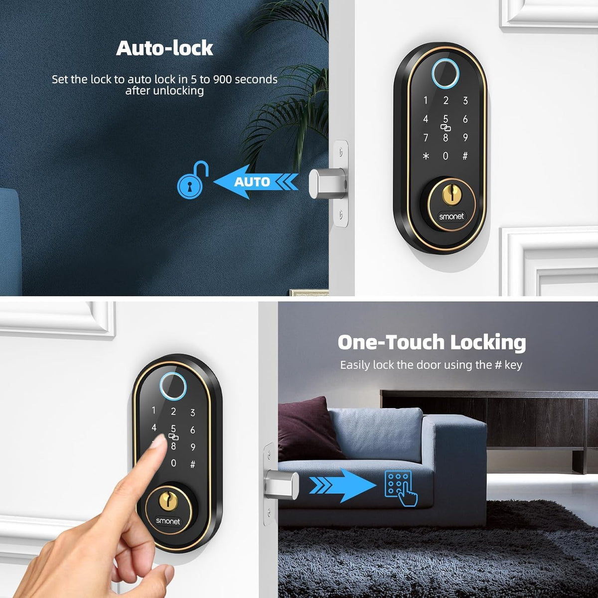SMONET Smart Deadbolt Fingerprint Lock - Bluetooth Keyless Entry Door Lock