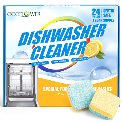 OOOFLOWER 24 Count Lemon Scented Dishwasher Cleaner Tablets, Deep Cleaning Formula for Limescale & Stain Removal, Works with All Dishwasher Models