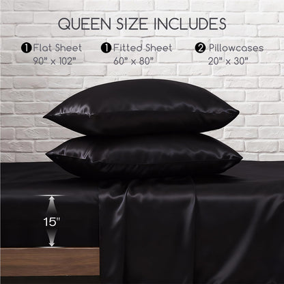 MR&HM Satin Bed Sheets, Queen Size Sheets Set, 4 Pcs Silky Bedding Set with 15 Inches Deep Pocket for Mattress (Queen, Black)