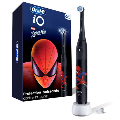 Oral-B iO Kids Rechargeable Electric Powered Toothbrush, Spiderman with 1 Gentle Care Brush Head - Automatic Pressure Sensor to Protect Gums - 3 Cleaning Settings - 2 Min Music Timer - 28 Day Battery Life