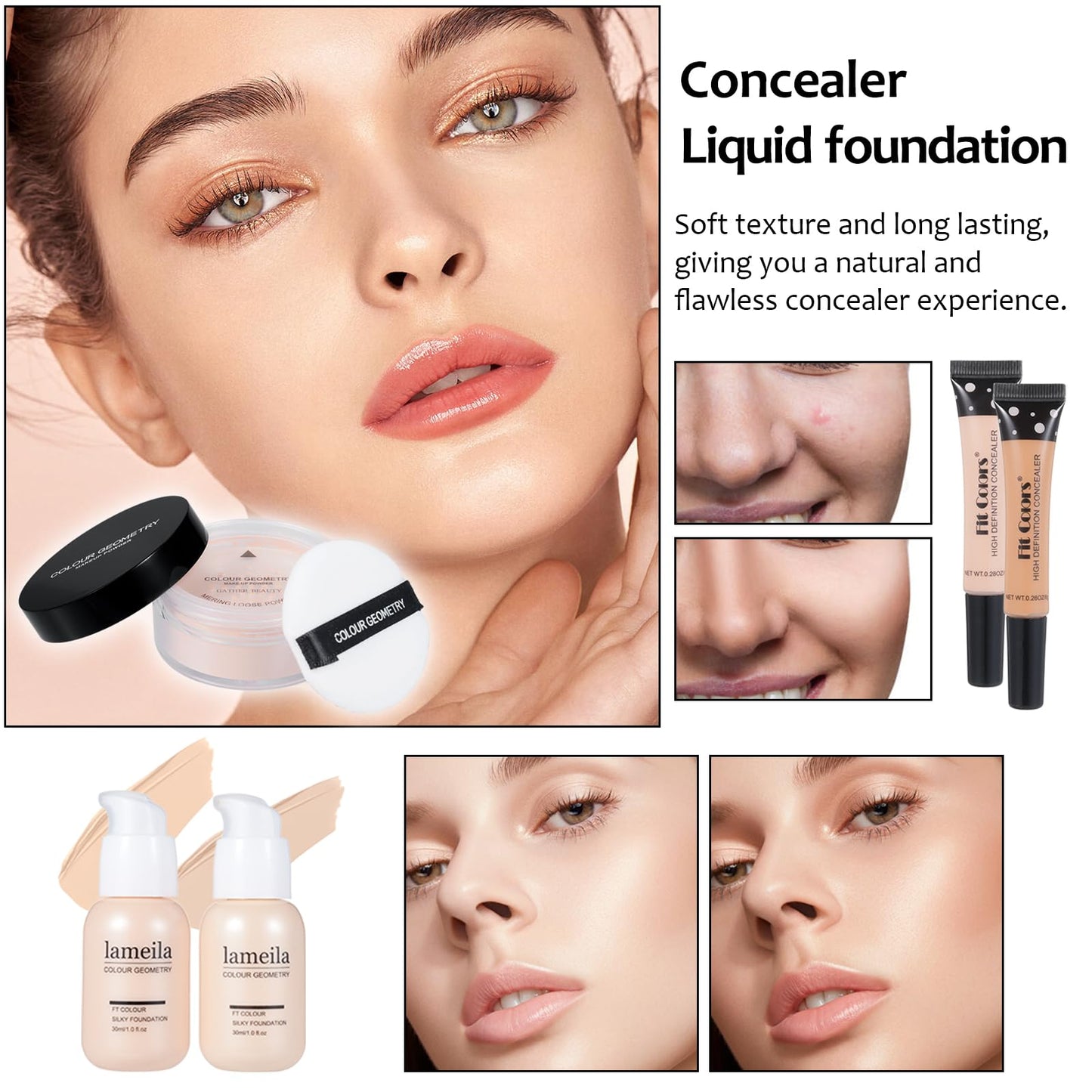 All-in-One Makeup Kit - 39-Color Eyeshadow Palette, Liquid Foundation, Loose Powder, Eyebrow Pencil, 4-Color Lip Gloss Set