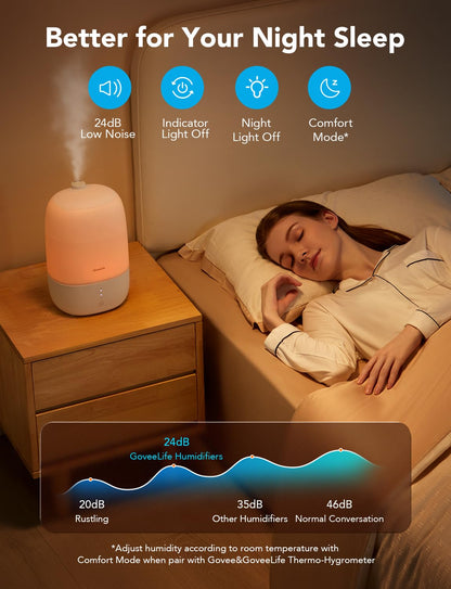 GoveeLife Smart 3L Humidifiers for Bedroom, Top Fill Cool Mist with Essential Oil Diffuser, Humidity Control, WiFi Air Humidifier with Night Light, 360° Nozzle, for Baby, Plants, Home, Work with Alexa