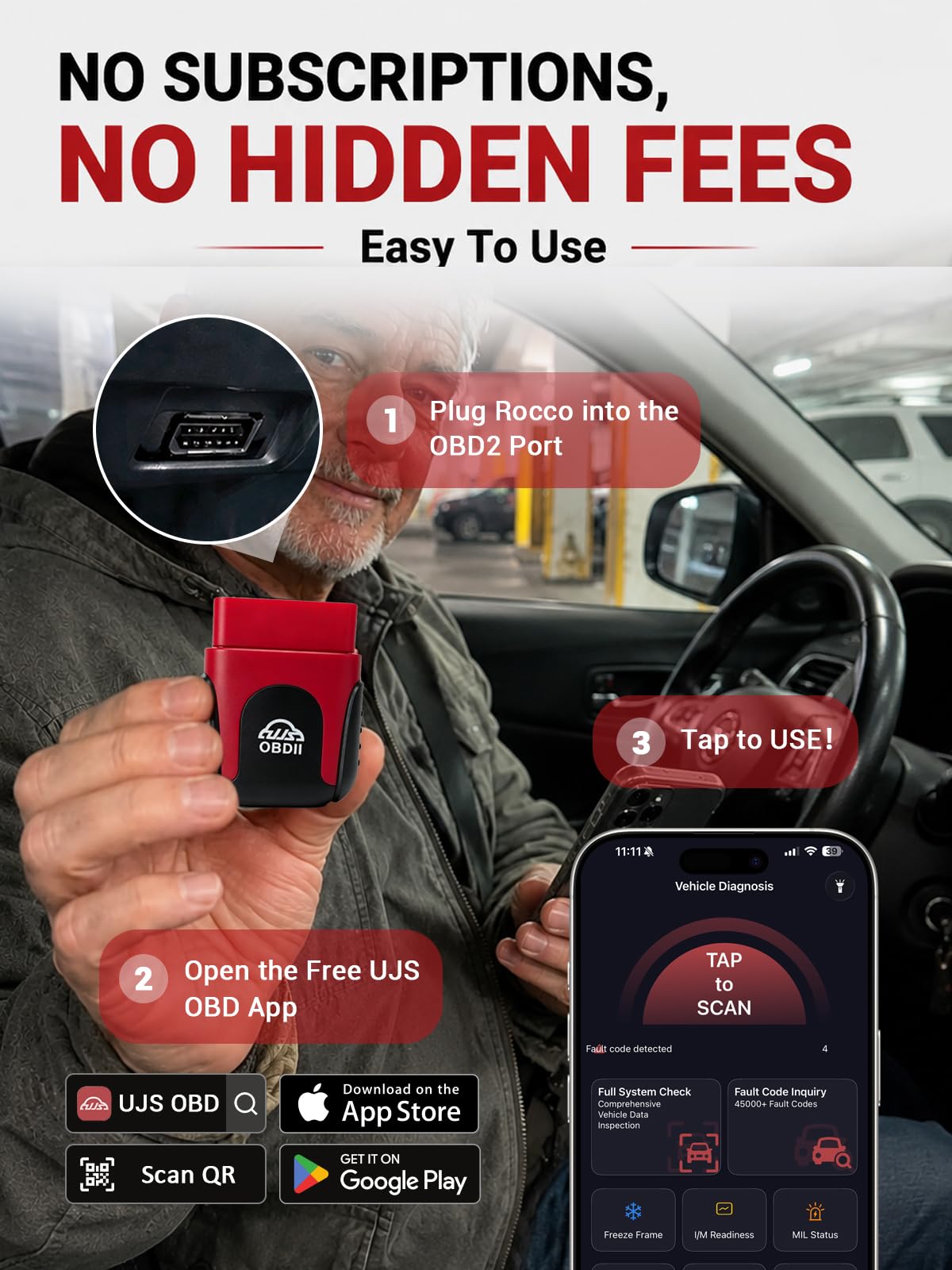 UJS Rocco OBD2 Scanner Bluetooth for iPhone & Android, No Subscription(Red)